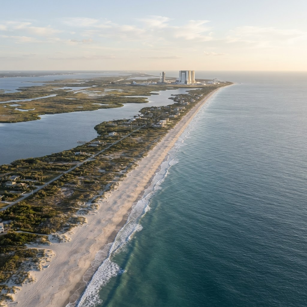 Aerial view of the Cocoa Beach shoreline looking north toward Cape Canaveral and Kennedy Space Center